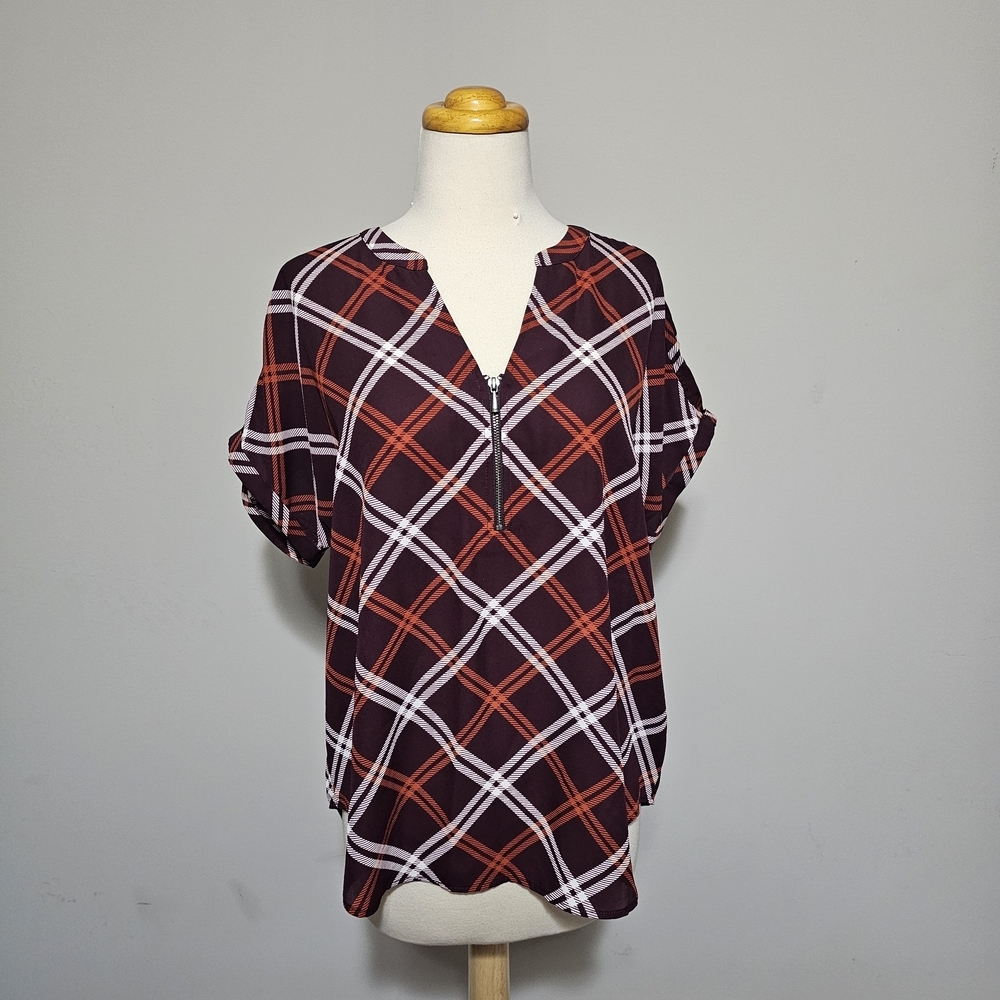 Maurices Plaid Zip Front Blouse Size M Purple Orange